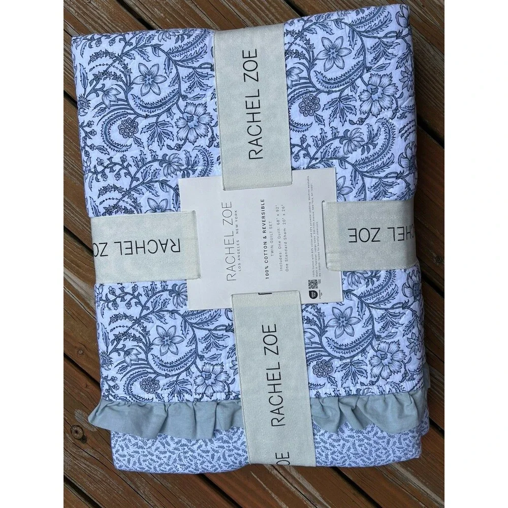 Rachel Zoe Multicolor Floral Reversible TWIN Quilt Cotton Ruffled
